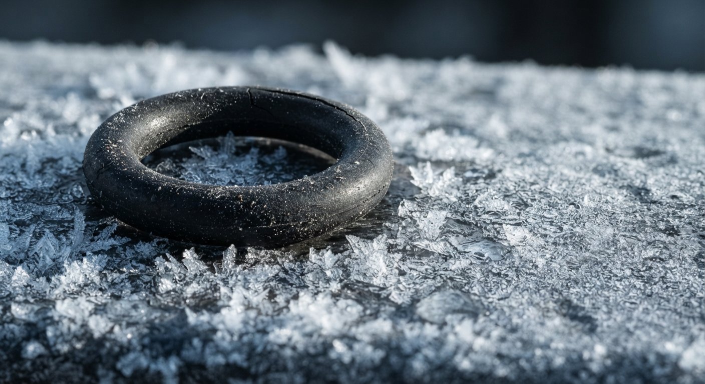 Dark rubber ring covered in frost and snow on a frozen surface