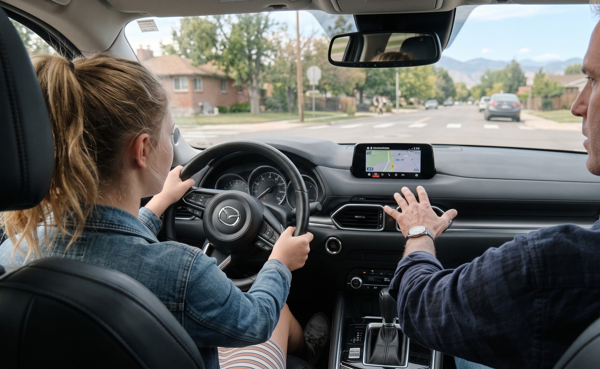 Student driver with blonde hair gripping steering wheel while instructor gestures during driving lesson on suburban street