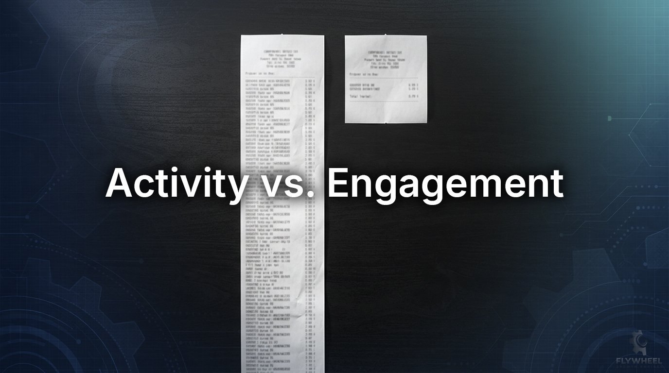 A split-screen infographic comparing Activity vs Engagement with sample data sheets displayed against a blue gradient background