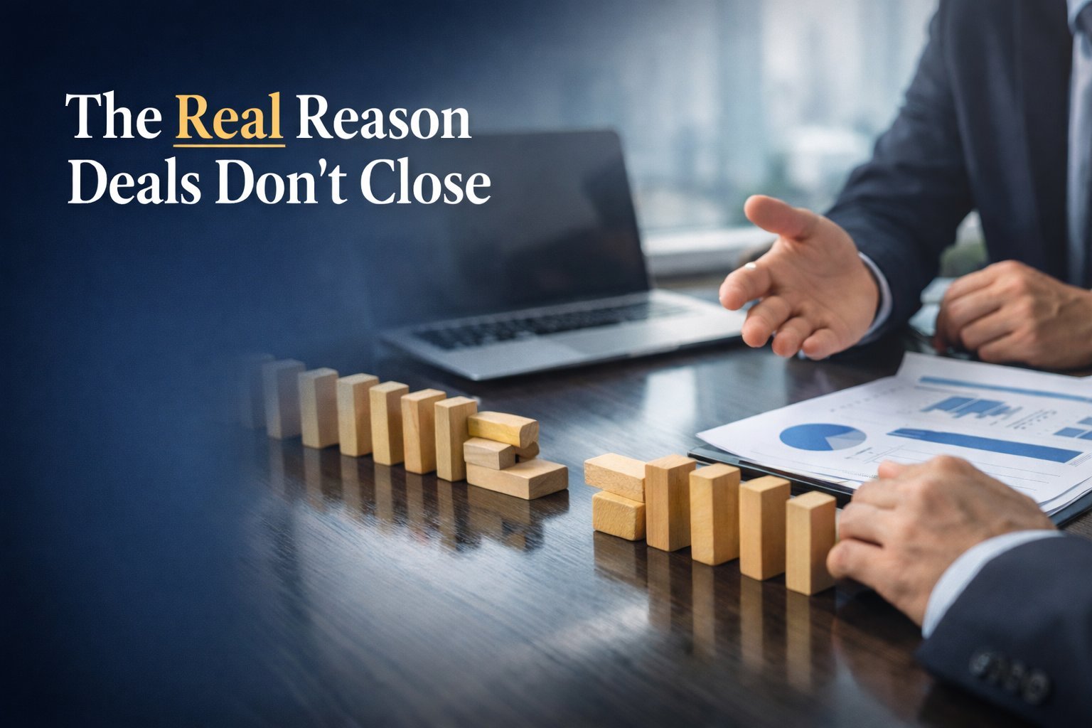 Two business professionals at a desk with golden dominoes and charts, text reads The Real Reason Deals Dont Close