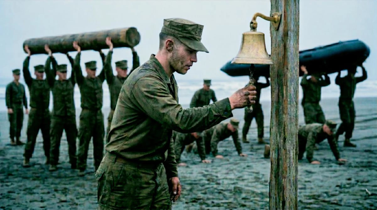 Soldier in military uniform ringing a bell outdoors while other soldiers carry logs in the background