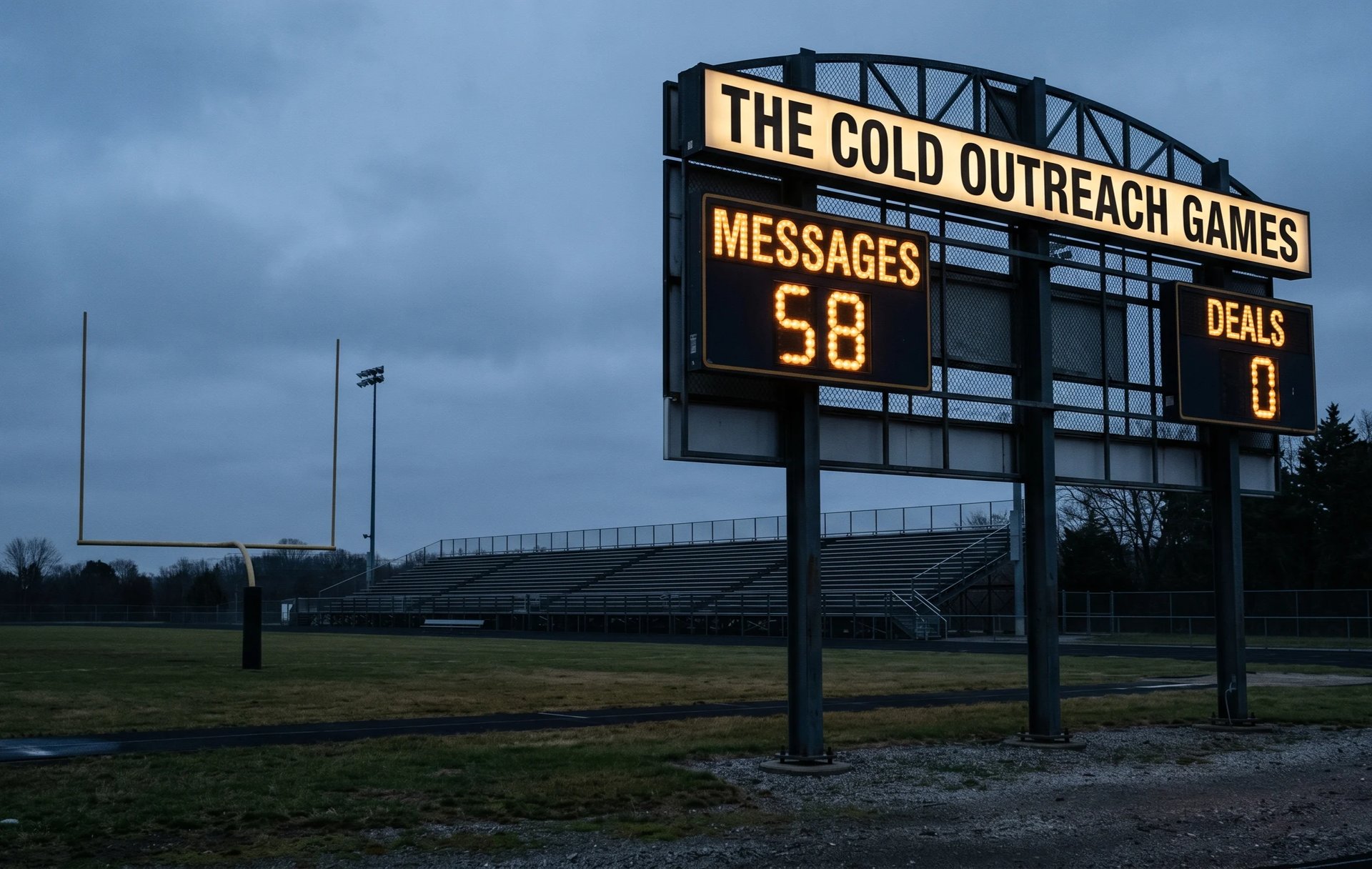 Large electronic scoreboard for The Gold Outreach Games displays 58 messages and 0 deals at dusk near a sports field