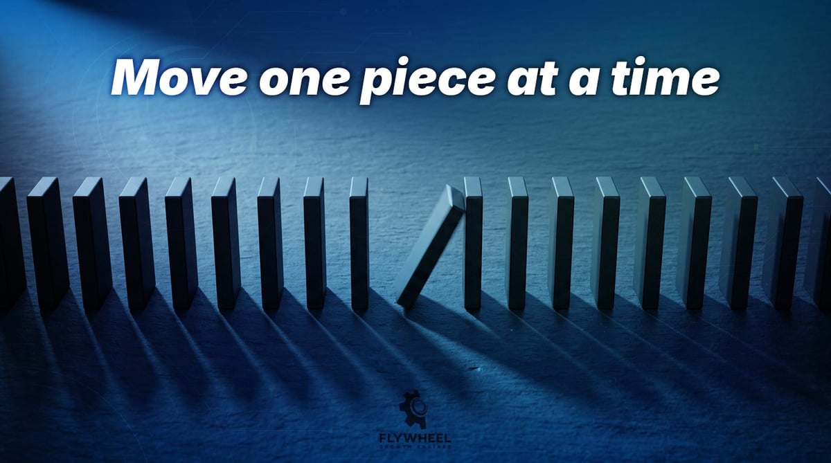 Blue-toned image showing dominoes arranged in a line with one falling, overlaid with text reading Move one piece at a time