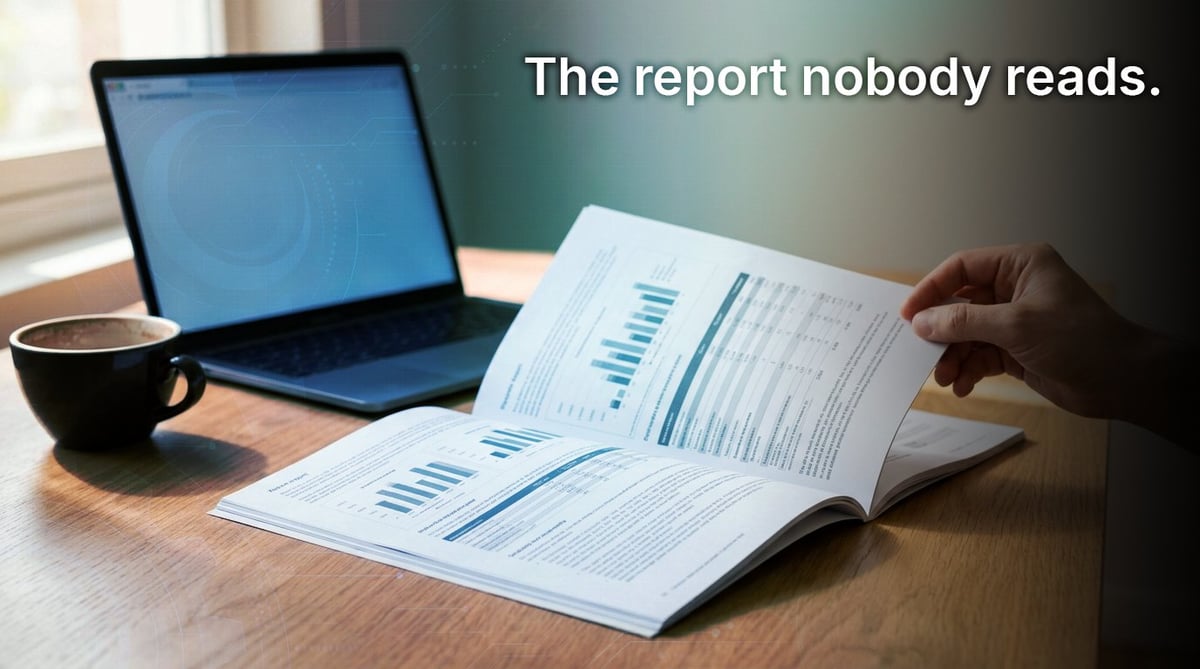 Person reviewing a printed report at desk with laptop and coffee cup