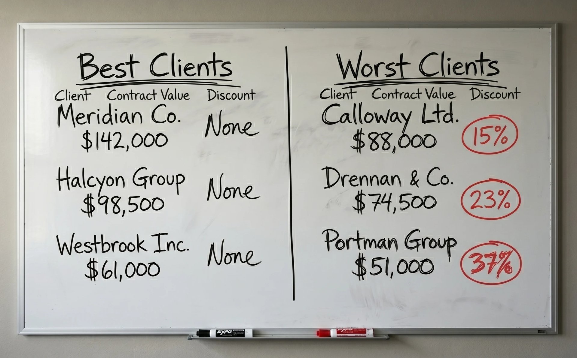Whiteboard showing Best Clients and Worst Clients lists with contract values and discount percentages