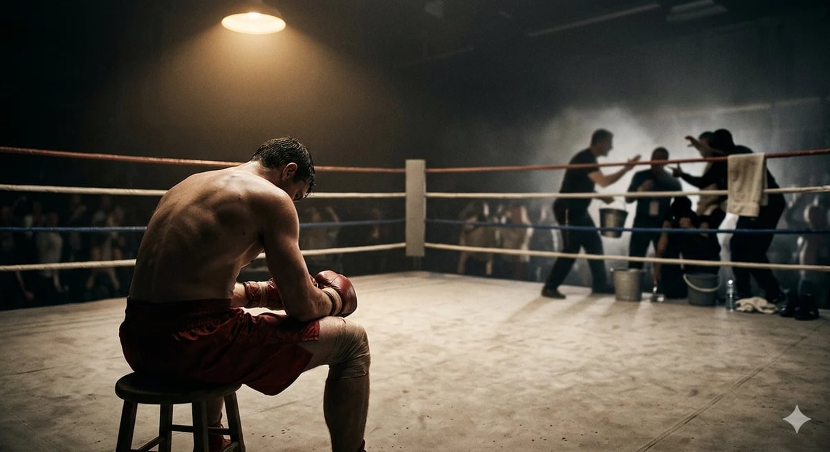 Shirtless boxer sitting on stool in boxing ring with trainers and staff visible in background