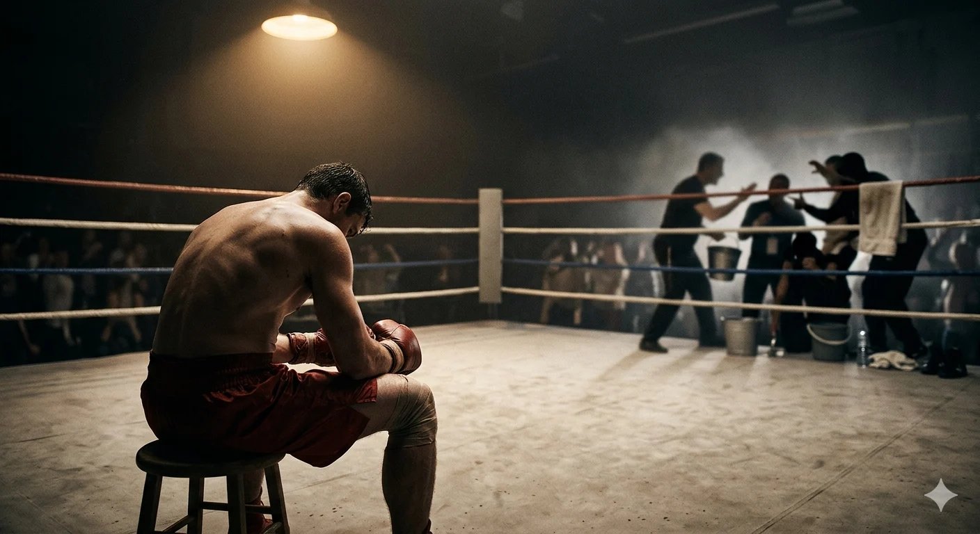 Shirtless boxer sitting on stool in boxing ring with trainers and staff visible in background