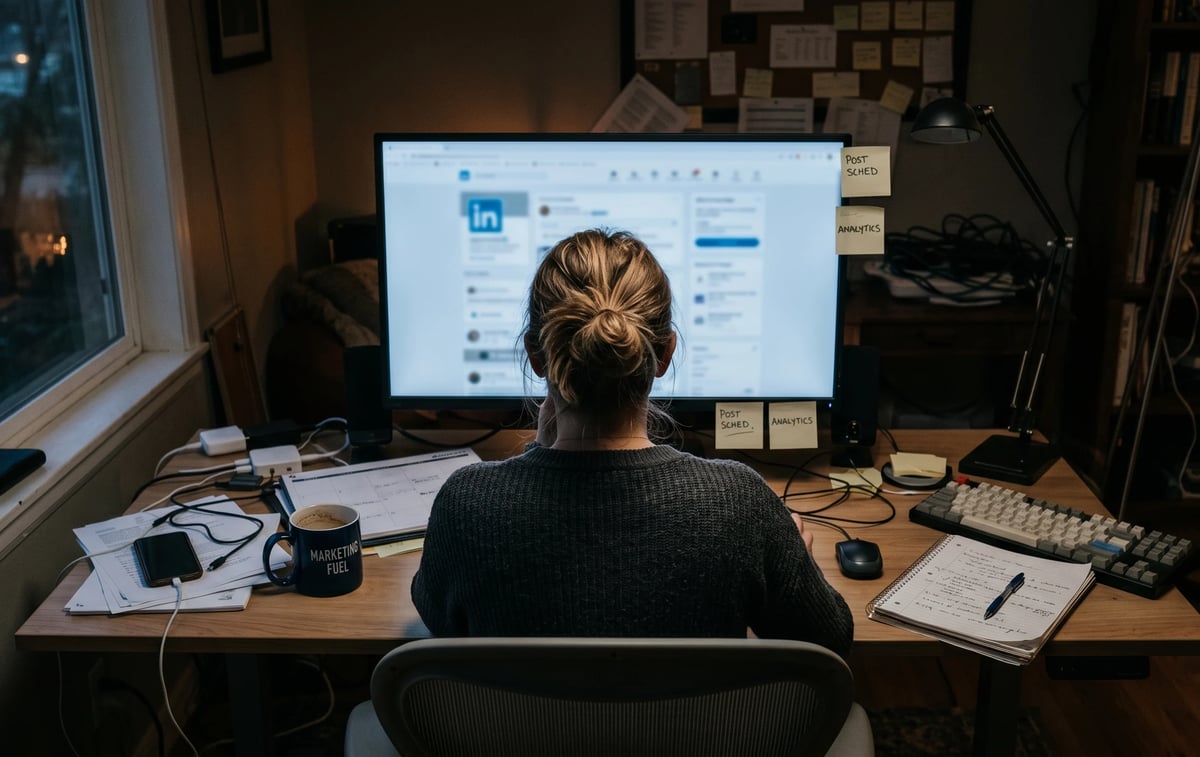 Person from behind at desk working on computer displaying LinkedIn profile page in home office
