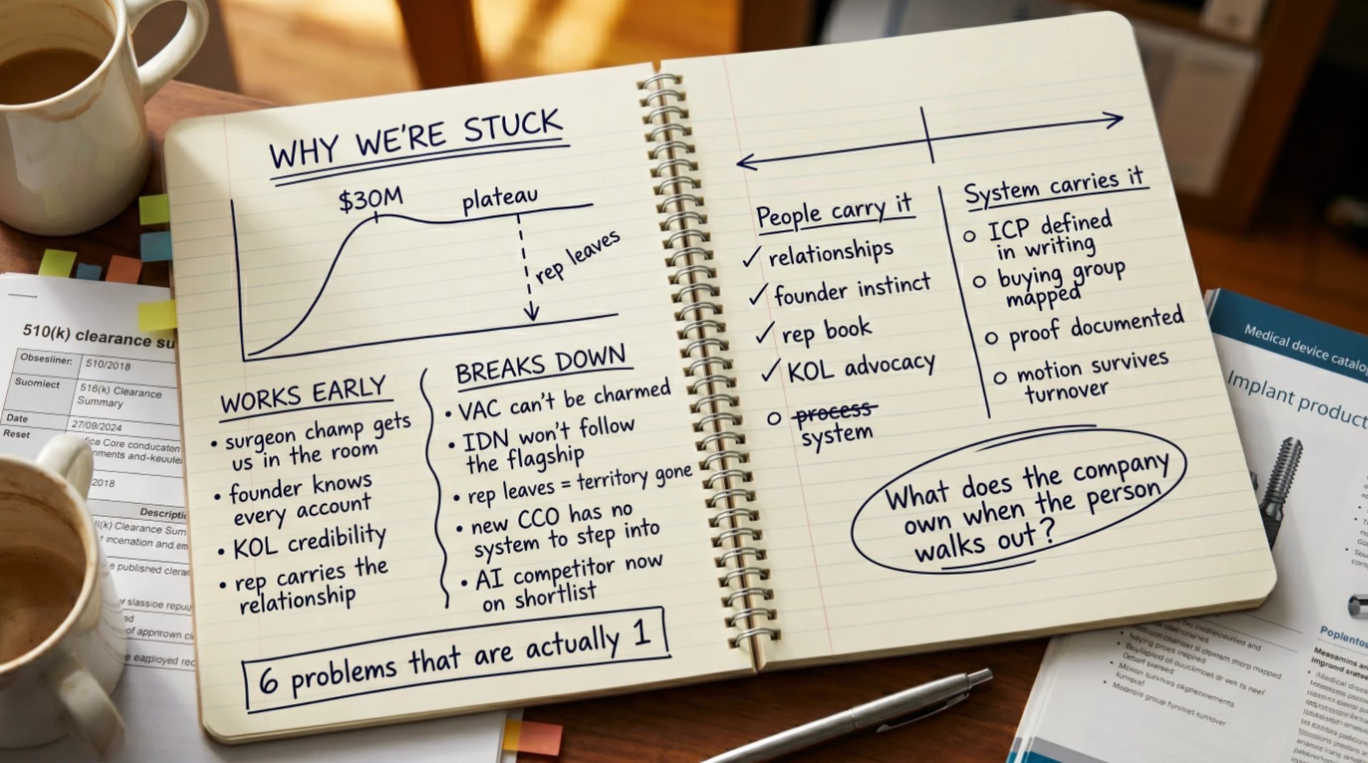 Handwritten notes in an open notebook showing diagrams about being stuck, including work cycles, breakdowns, and system issues with annotations