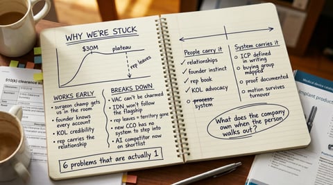 Handwritten notes in an open notebook showing diagrams about being stuck, including work cycles, breakdowns, and system issues with annotations