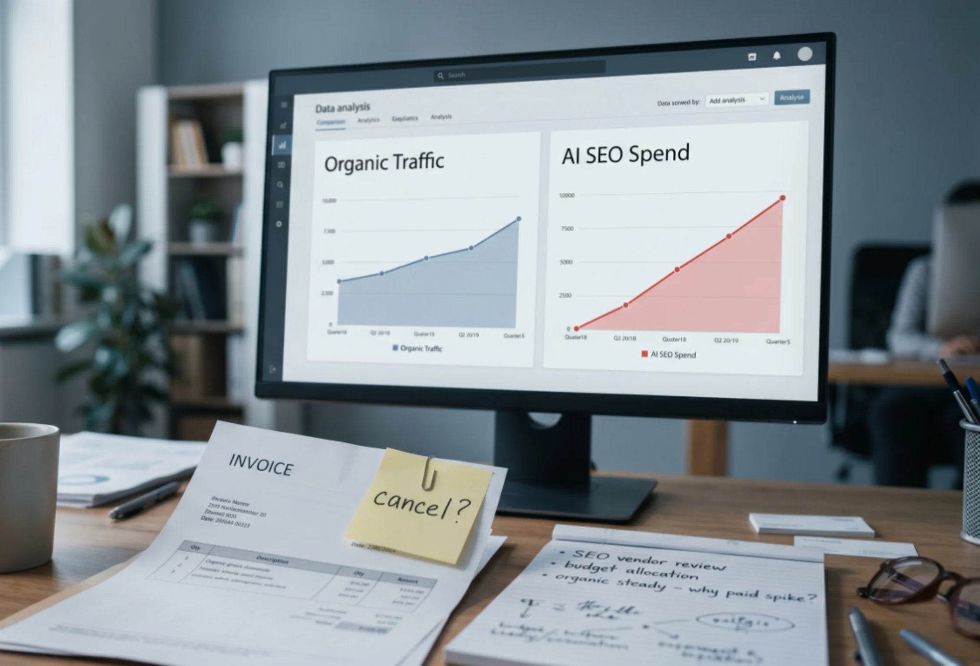 Desktop monitor displaying analytics dashboards with organic traffic and AI SEO spend charts, surrounded by office documents and papers