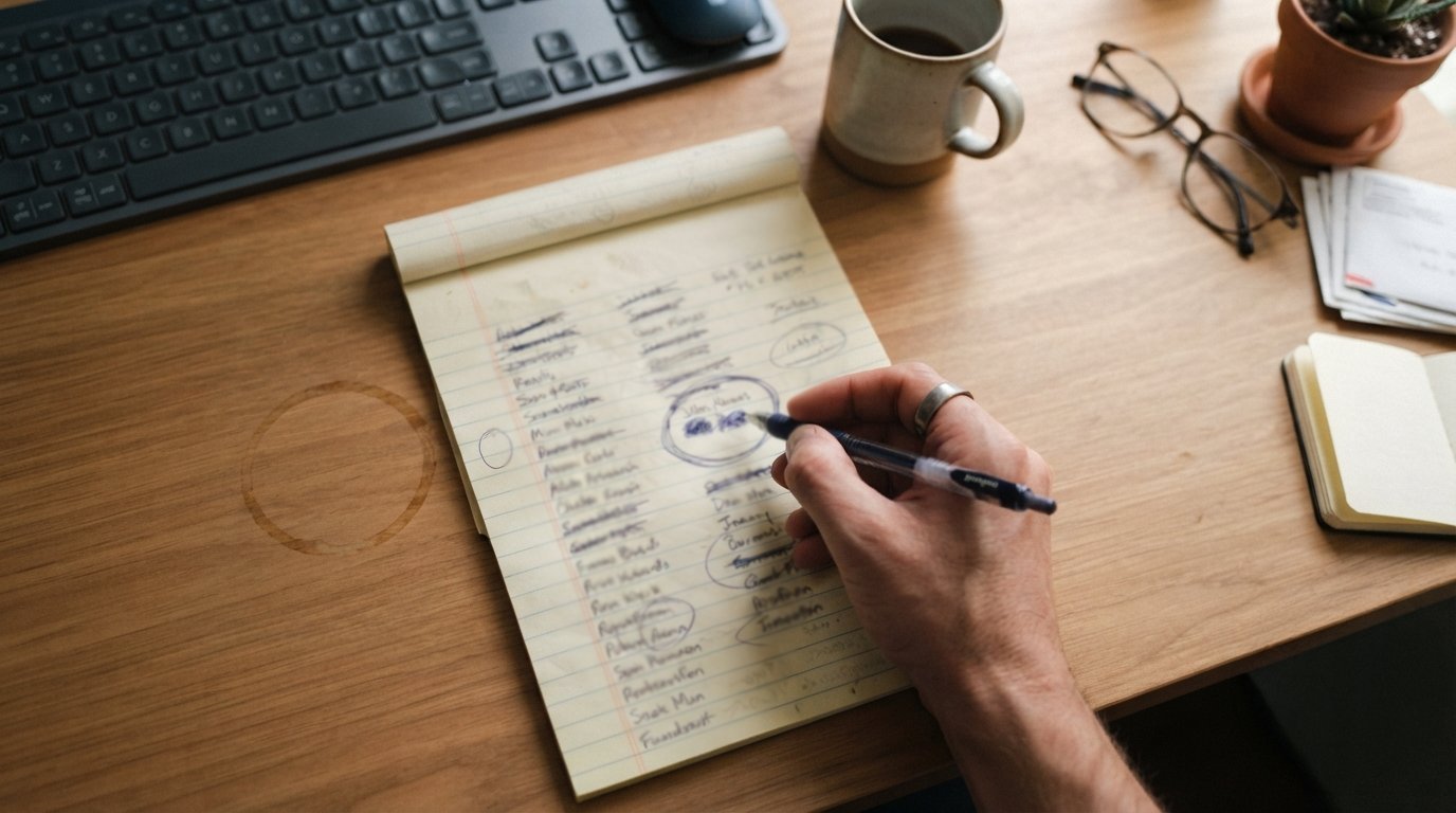 Person writing notes on a list at wooden desk with keyboard, coffee mug, and glasses nearby