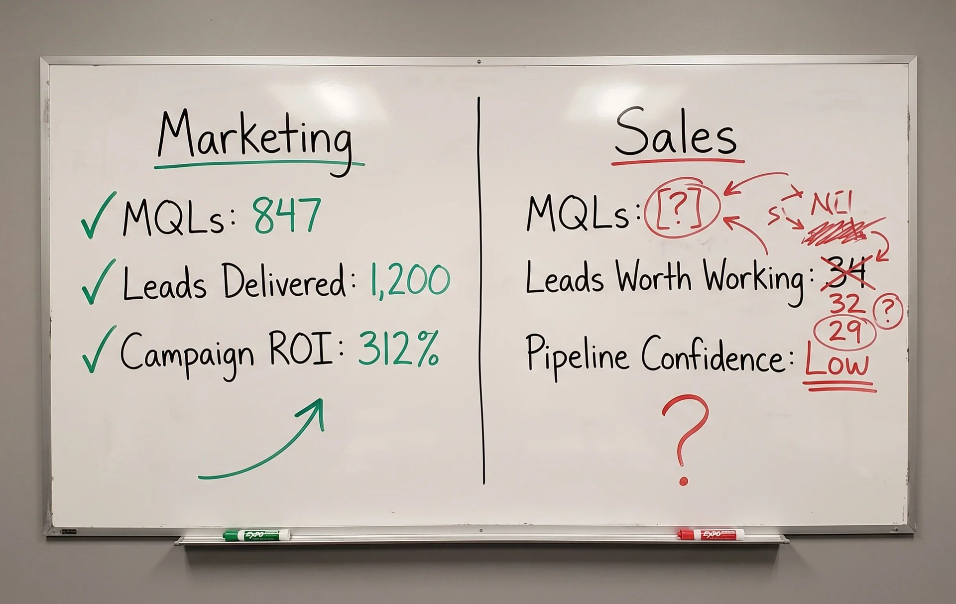 Whiteboard showing Marketing metrics with checkmarks (MQLs: 847, Leads Delivered: 1200, Campaign ROI: 312%) and Sales section with question marks for MQLs, Leads Worth Working, and Pipeline Confidence