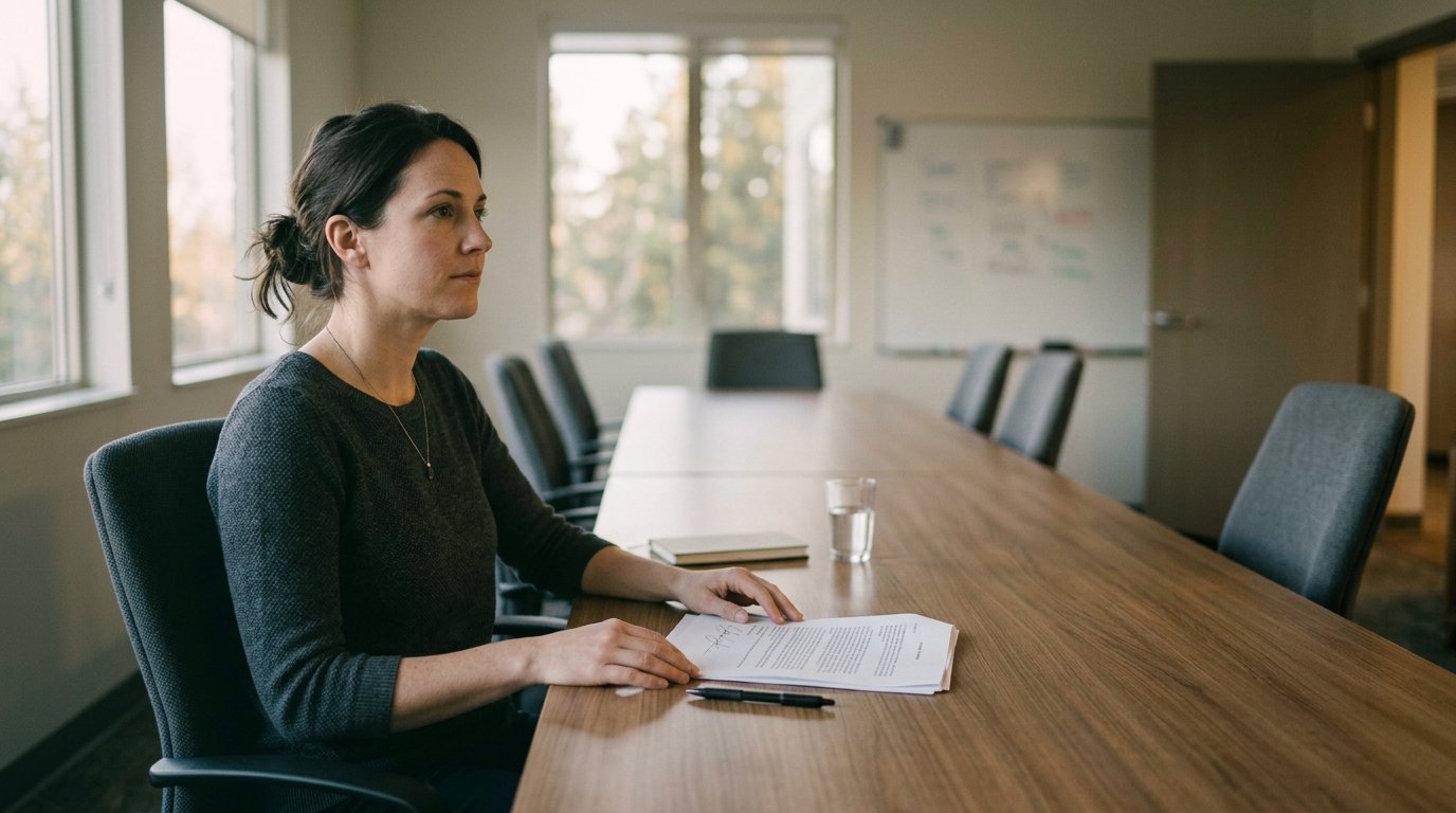 Woman sitting at conference table in office, holding documents and pen during meeting