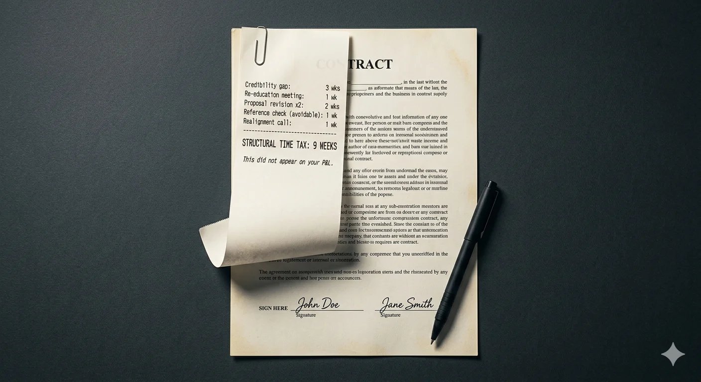 Contract documents with signatures and pen on dark surface, including header page and additional pages with text
