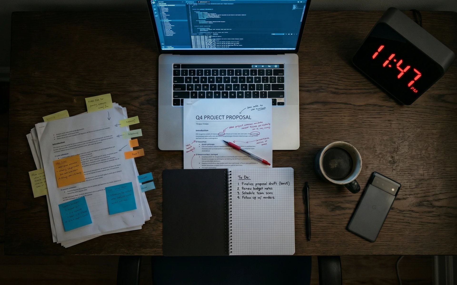 Overhead view of a workspace with laptop displaying code, project proposal documents with sticky notes, notebook, coffee cup, and smartphone on wooden desk