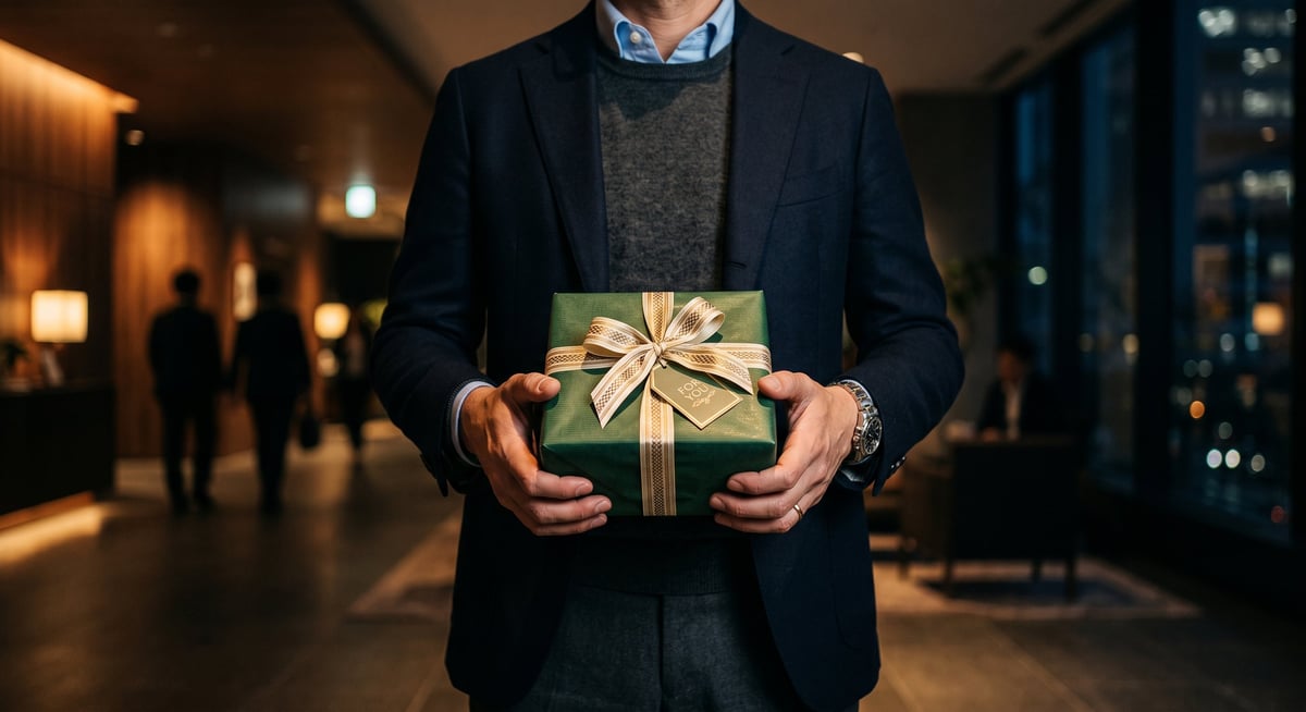 Man in business casual attire holding a green gift box with gold ribbon in an indoor setting