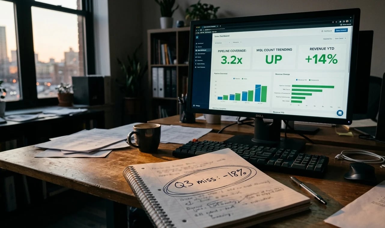 Modern office desk with computer monitor displaying analytics dashboard, notebook with sketches, keyboard, mouse, coffee cup, and city skyline visible through window