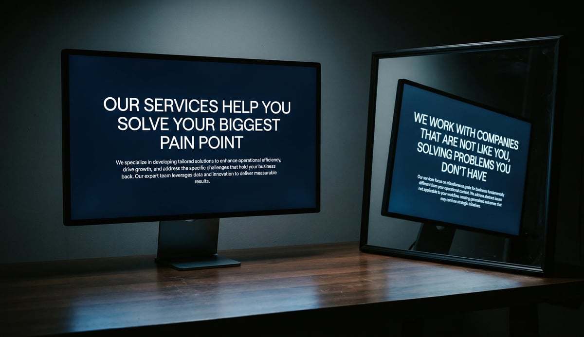 Two desktop monitors displaying blue business presentation screens about services and pain points in a professional office setting