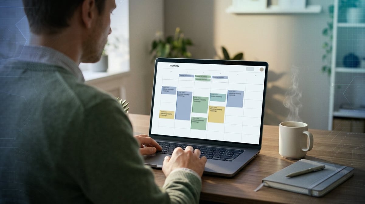 Man working at desk viewing project management calendar on laptop with notebook and coffee mug nearby