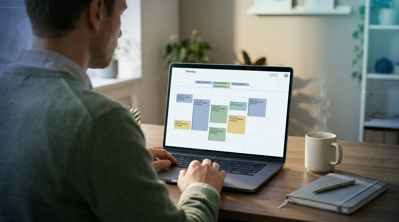 Man working at desk viewing project management calendar on laptop with notebook and coffee mug nearby