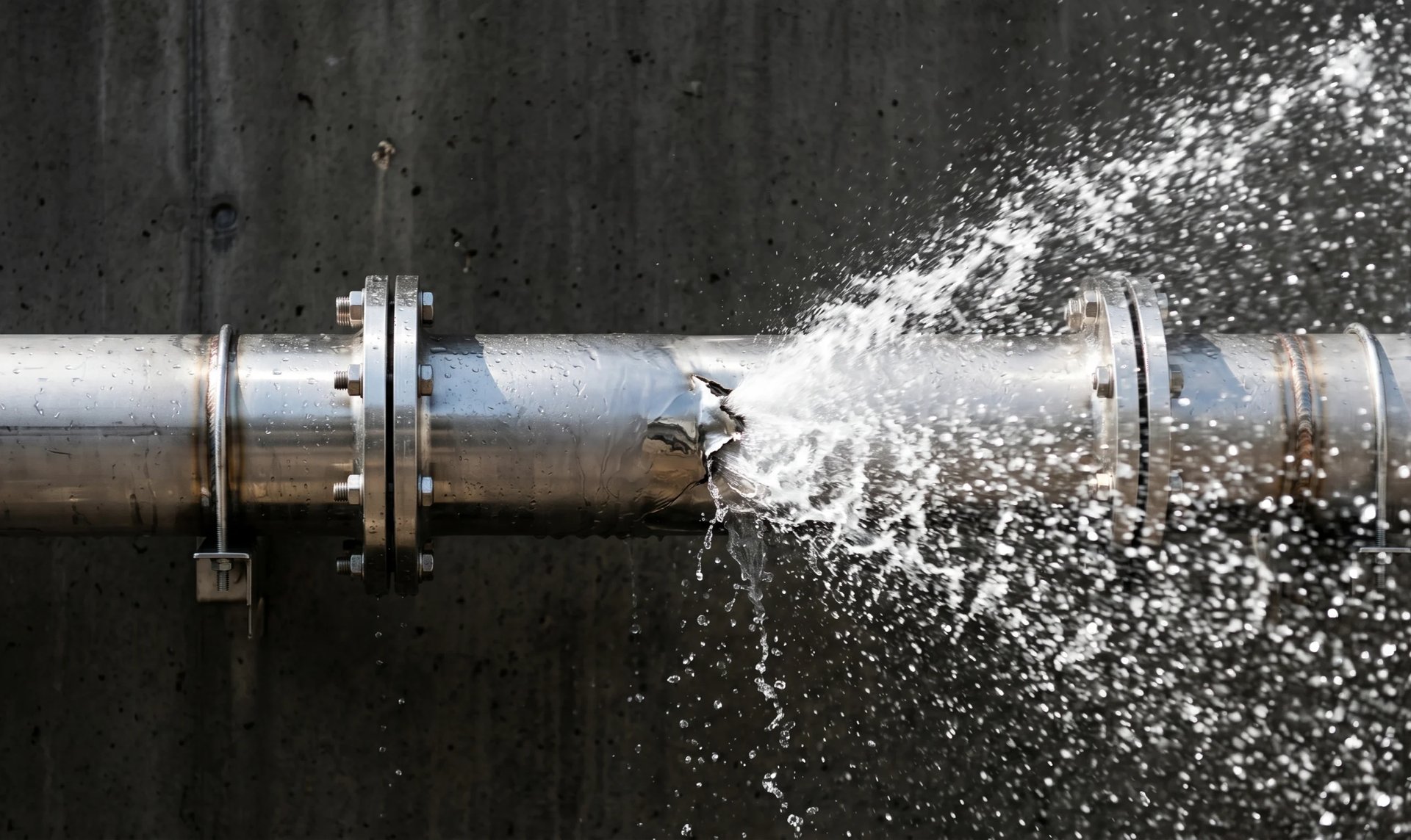 Metal pipe with a leak spraying water forcefully against a dark textured background