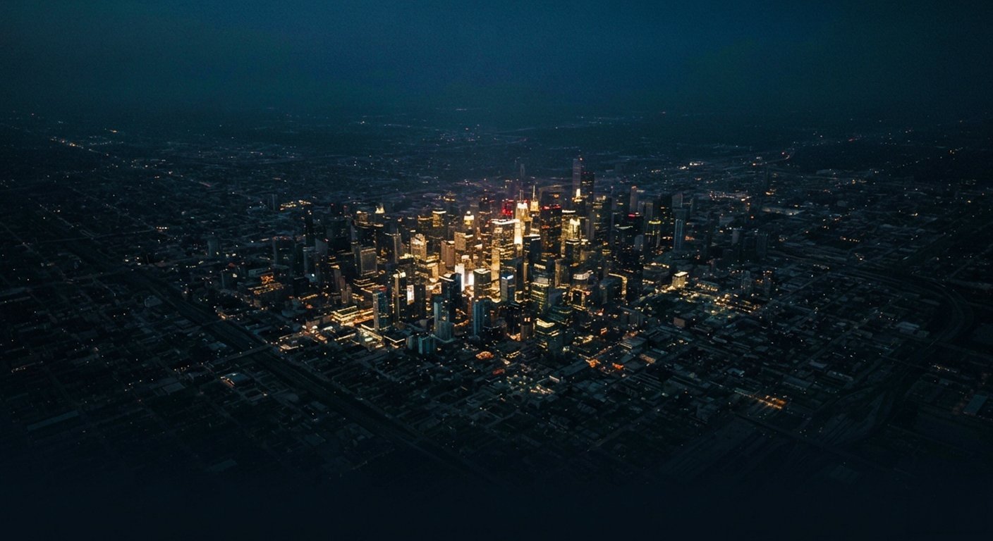 Aerial nighttime view of an illuminated city skyline with glowing buildings and lights surrounded by dark cityscape