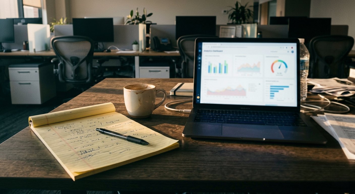 Modern office desk with laptop displaying data analytics, notebook with sketches, coffee mug, and office background with desks and plants