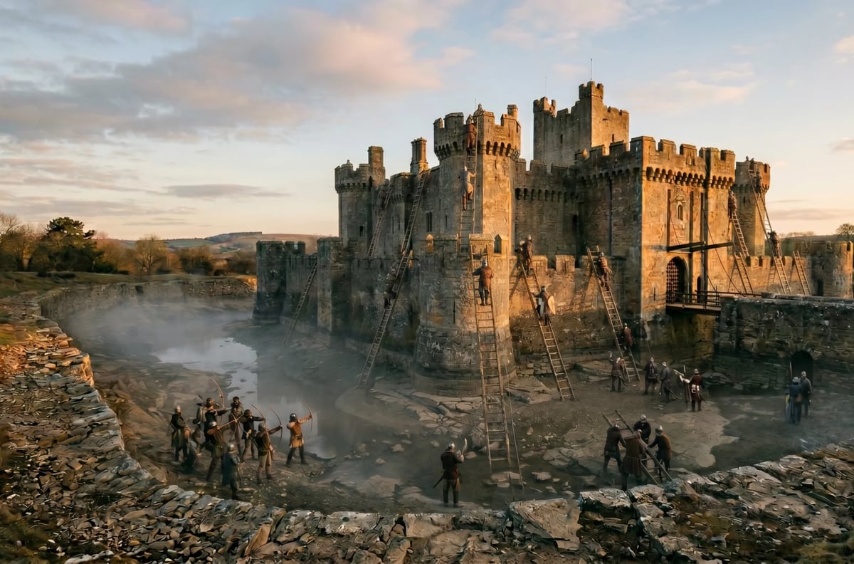 Medieval castle fortress on a hilltop surrounded by a moat, with soldiers and figures at the base during golden hour sunset