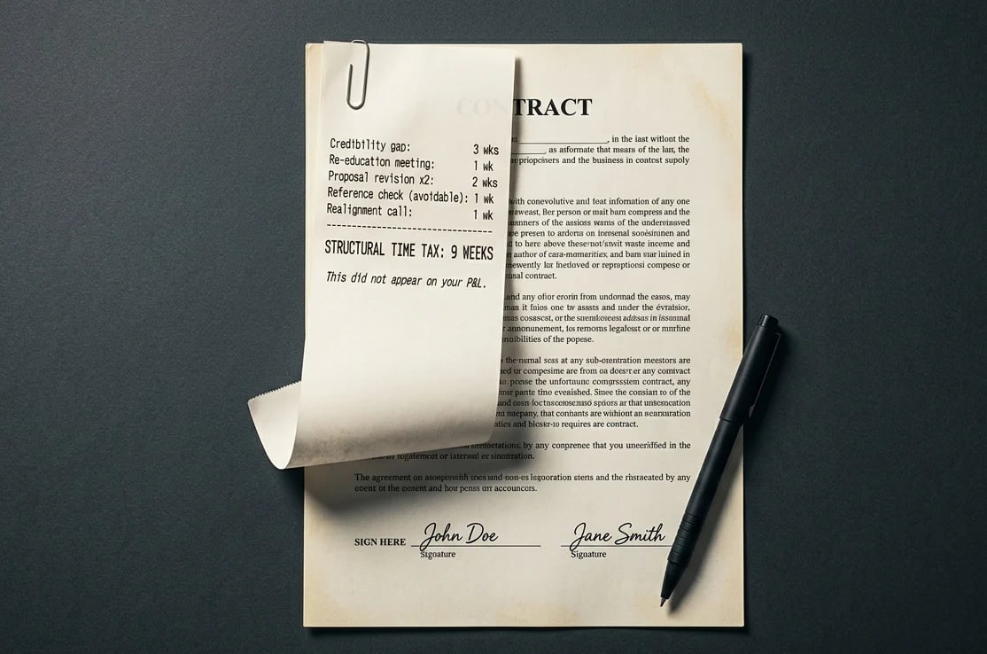 Contract document with pen and clipboard on dark background, showing contract text and signature lines