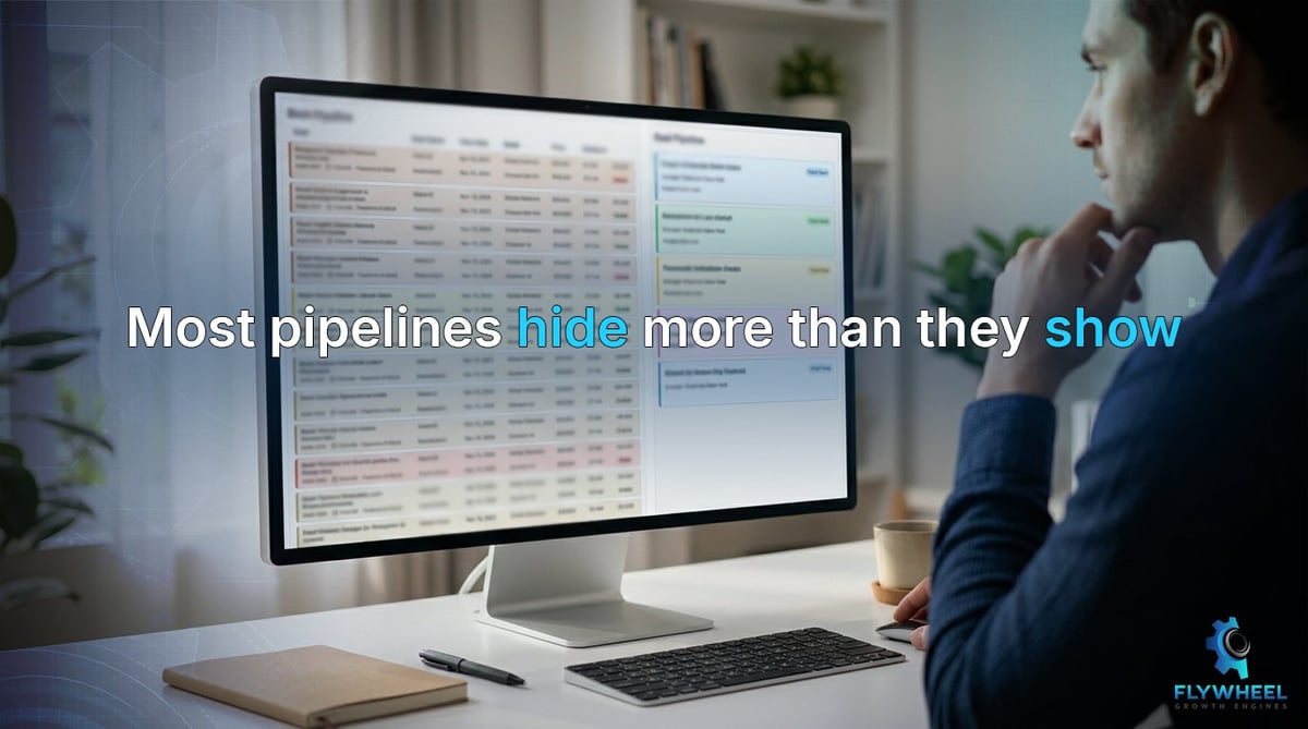 Man viewing spreadsheet data on desktop monitor with text overlay stating Most pipelines hide more than they show