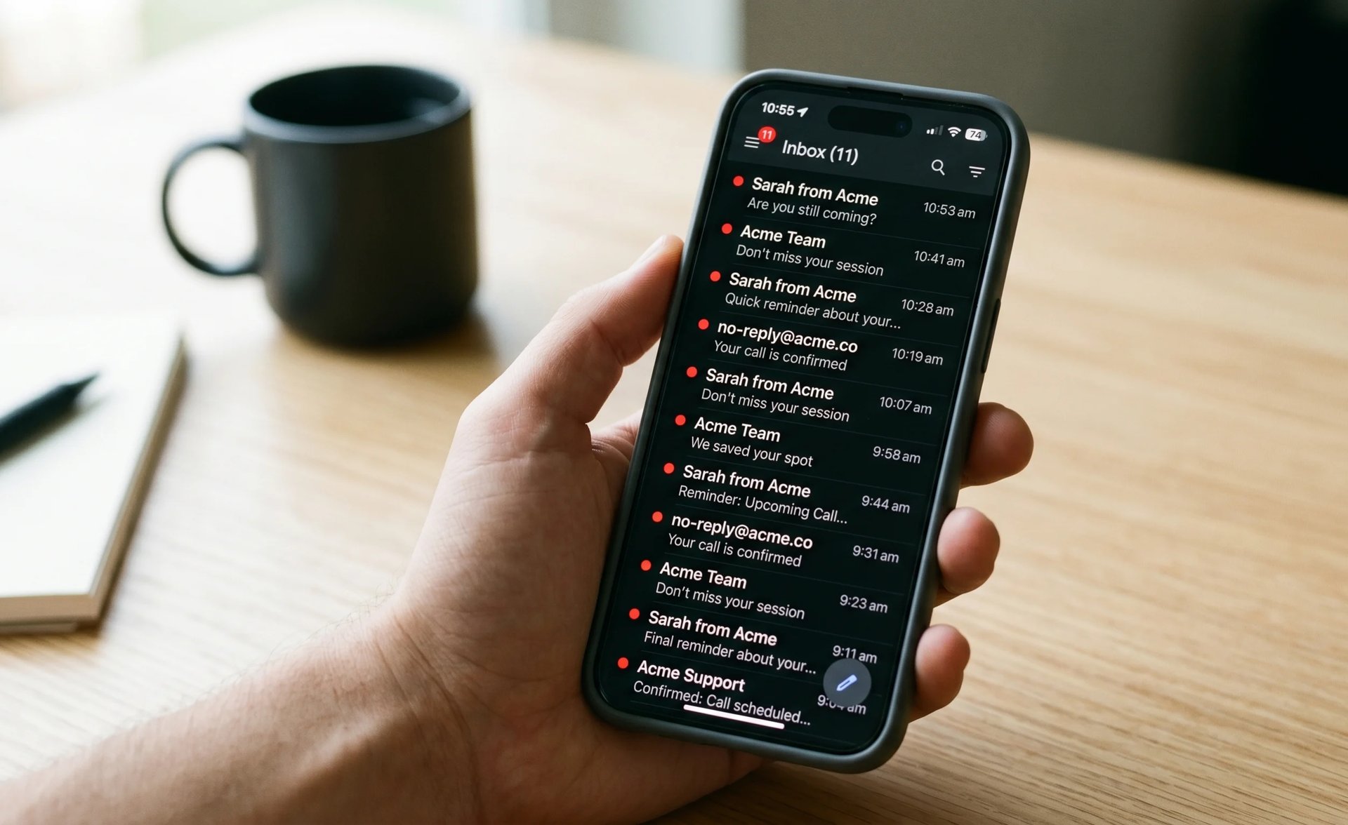 Hand holding smartphone displaying email inbox with messages on wooden desk next to coffee mug and notepad