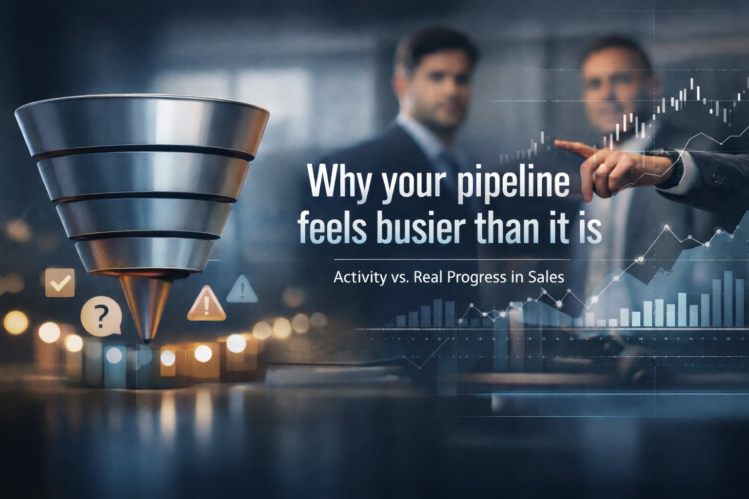 Business infographic showing sales pipeline funnel with two professionals analyzing charts, titled Activity vs Real Progress in Sales