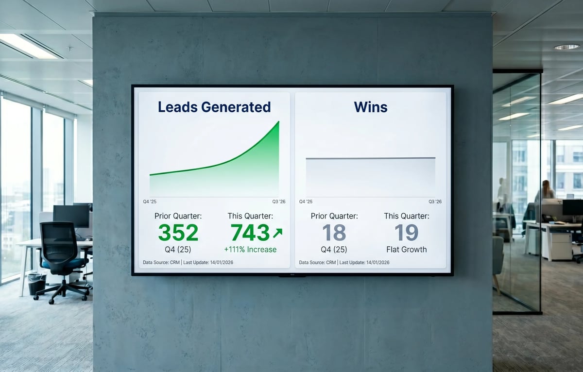 Dashboard display showing business metrics: Leads Generated at 252 (up 11% this quarter) and Wins at 19 with charts tracking growth performance