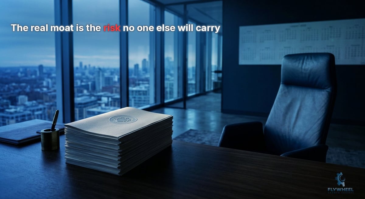 Modern executive office with city skyline view, stack of papers on desk, leather chair, and motivational text overlay