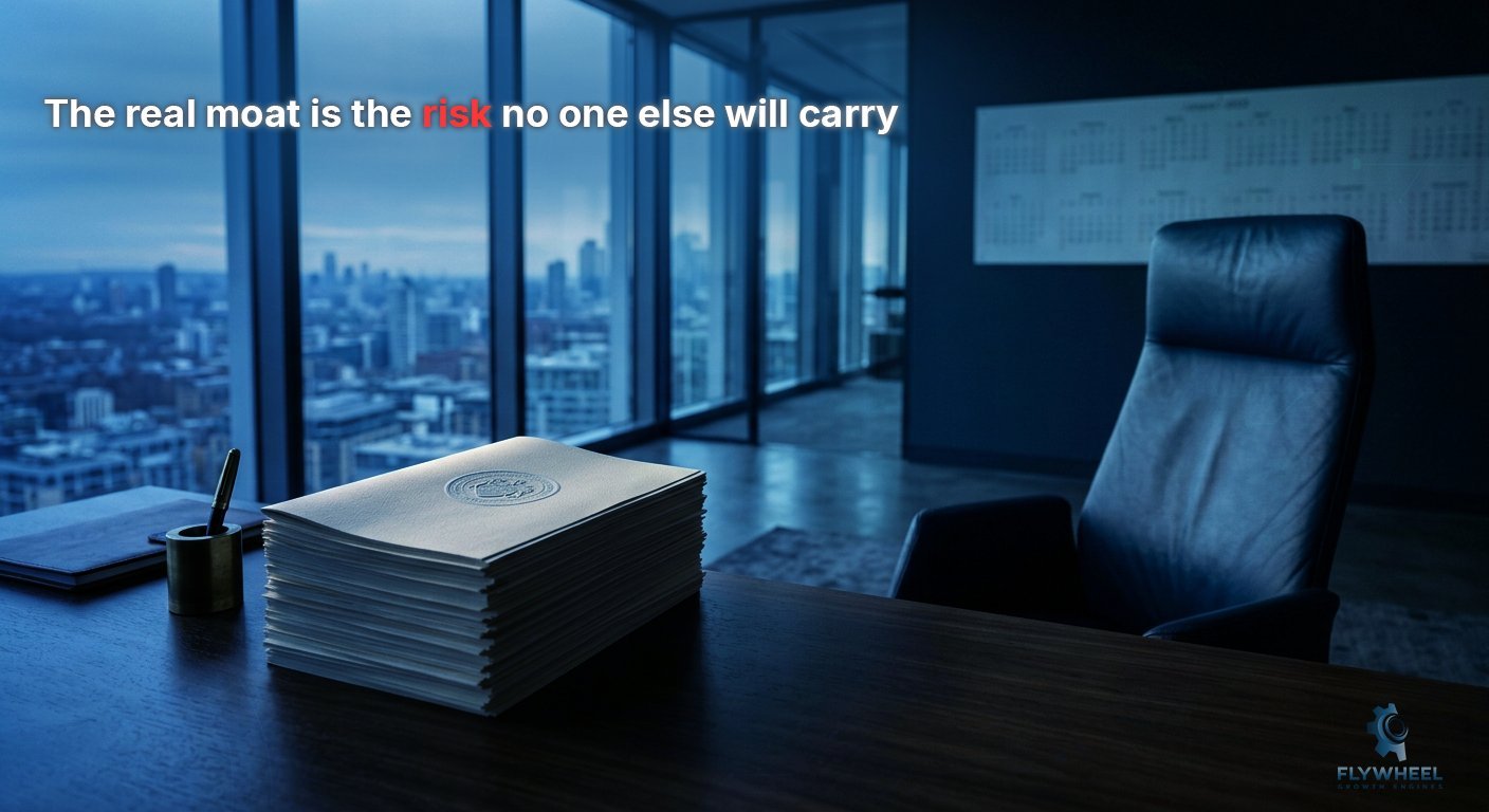 Modern executive office with city skyline view, stack of papers on desk, leather chair, and motivational text overlay