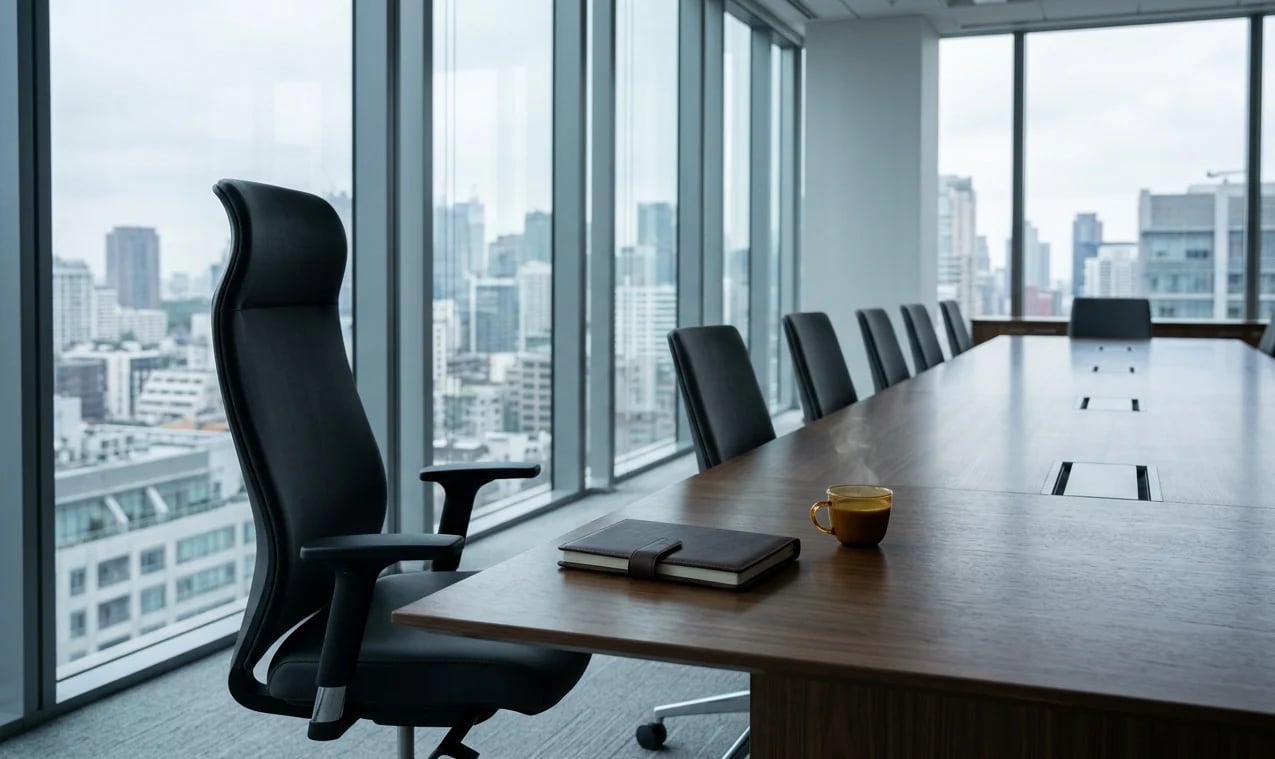 Modern conference room with black chairs, long table, and floor-to-ceiling windows overlooking a city skyline