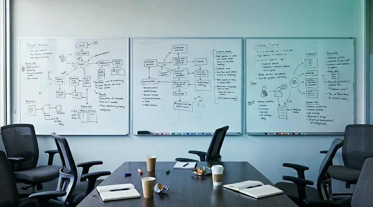 Modern office workspace with two ergonomic chairs facing a conference table, with three large whiteboards displaying flowcharts and diagrams on the wall behind