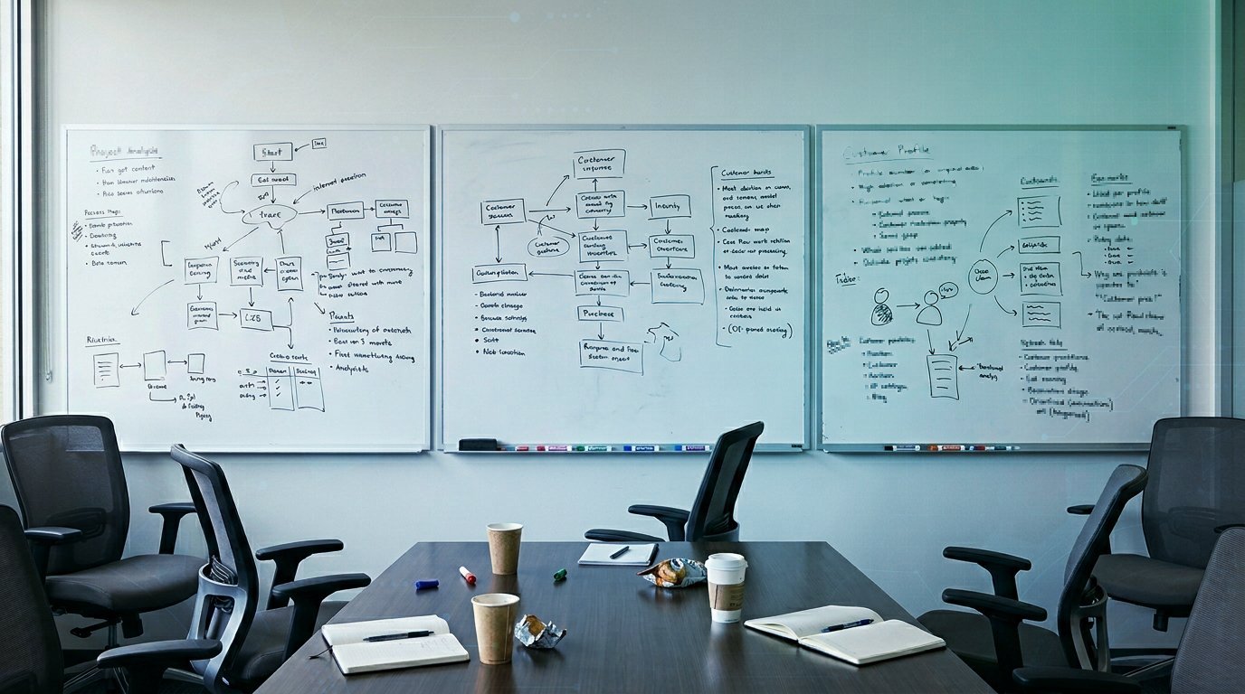 Modern office workspace with two ergonomic chairs facing a conference table, with three large whiteboards displaying flowcharts and diagrams on the wall behind